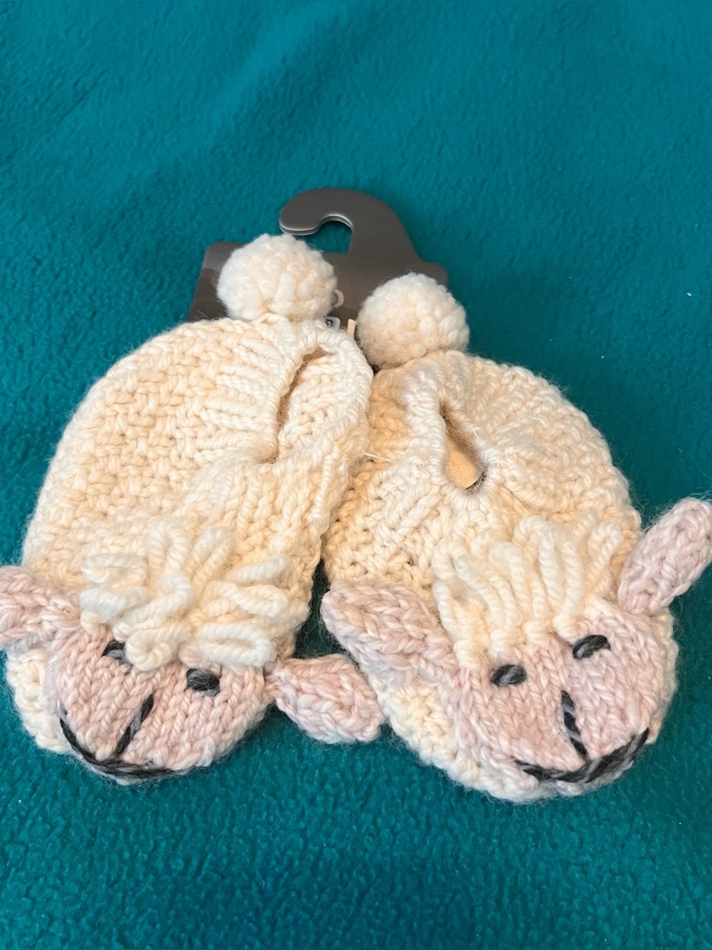 Aran Irish Baby Cream  Hand Knit Slipper Socks with Sheep Face and Pom-Pom OS